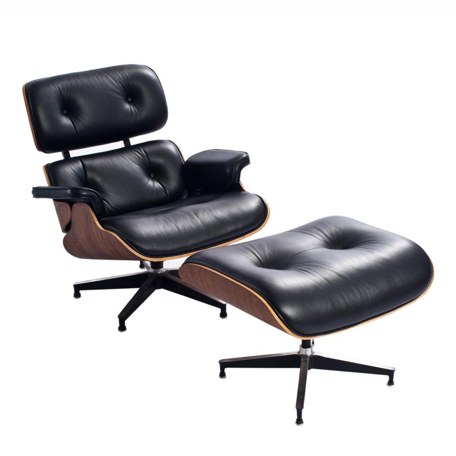 Replica Eames Style Lounge Chair & Ottoman Set – Premium Black Leather with Walnut Wood Finish