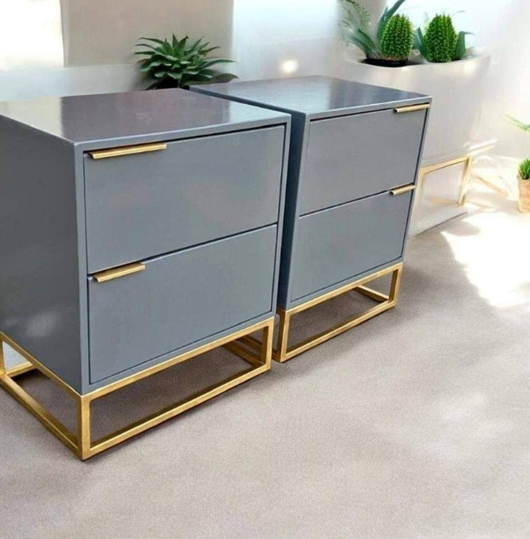 Modern 2-Drawer Bedside Pedestal Set – Matte Grey with Gold Handles, Custom Size Options – 2 Piece MDF Nightstand Set