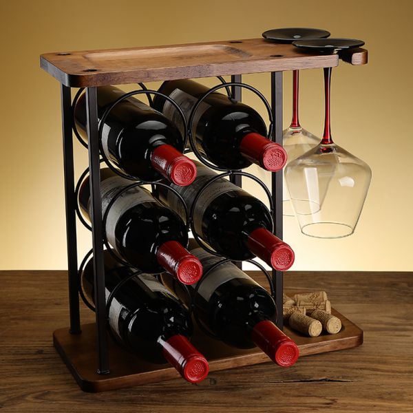 6-Bottle Wooden & Metal Wine Rack with Glass Holder – 35cm x 34cm x 16cm Countertop Storage Stand