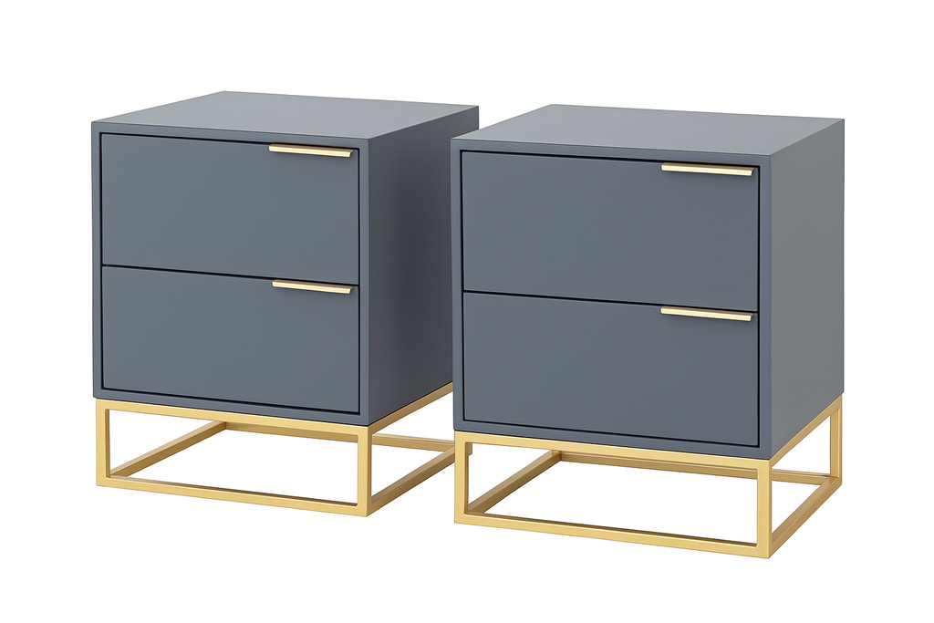 Modern 2-Drawer Bedside Pedestal Set – Matte Grey with Gold Handles, Custom Size Options – 2 Piece MDF Nightstand Set