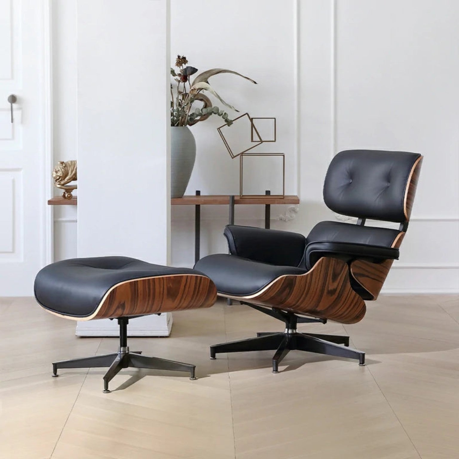 Replica Eames Style Lounge Chair & Ottoman Set – Premium Black Leather with Walnut Wood Finish