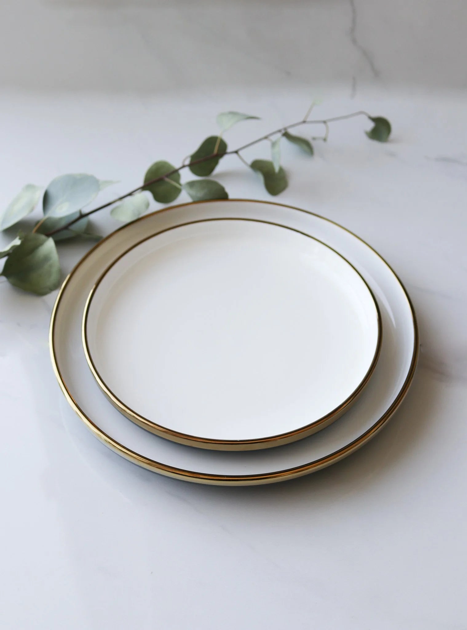 Gold Trim Ceramic Plate Set – 18.3cm Side Plate & 27.3cm Dinner Plate Pair, Elegant White Design
