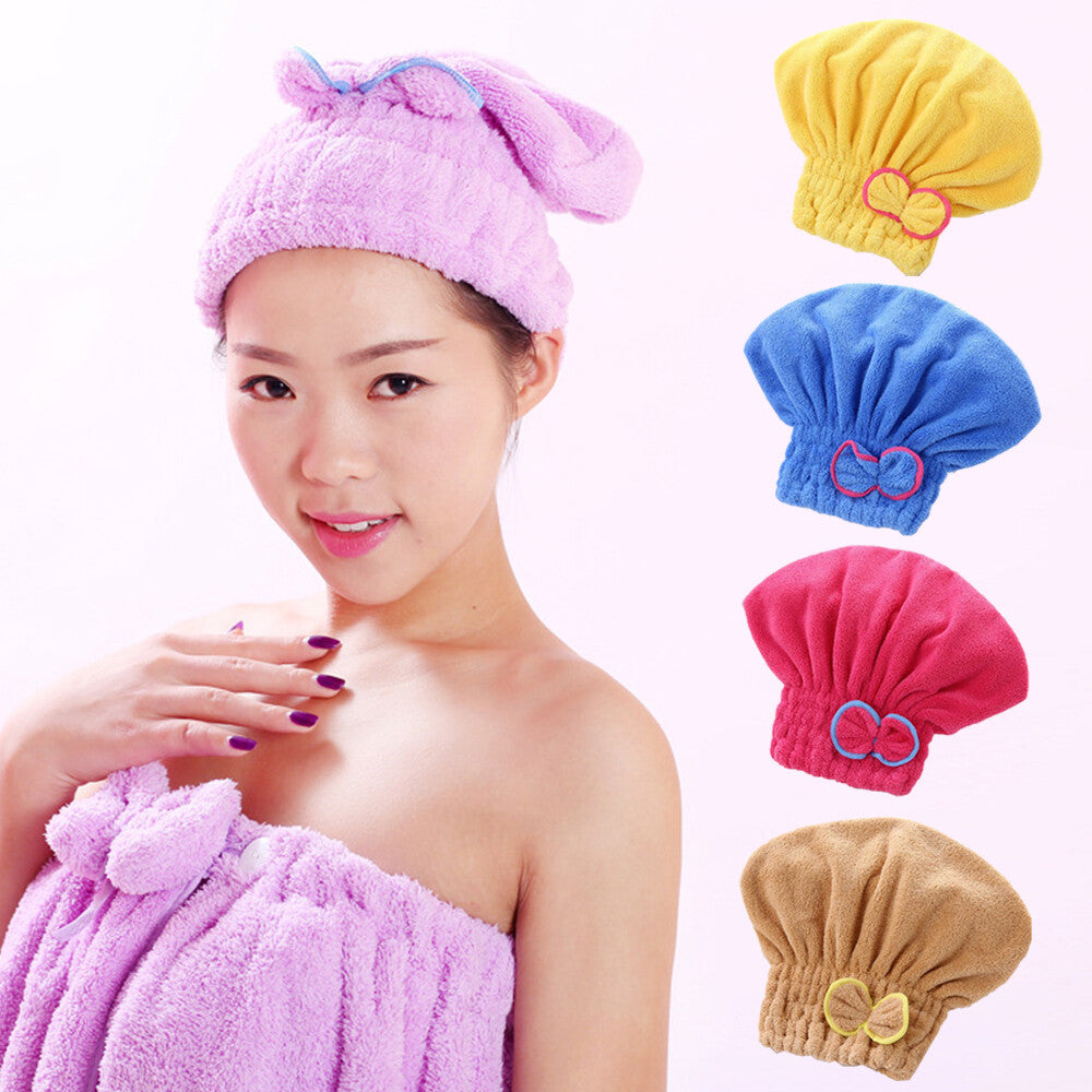 Shower Cap Hair Dryer Hat with Bowknot – Soft Hair Drying Towel Cap for Bath & Spa