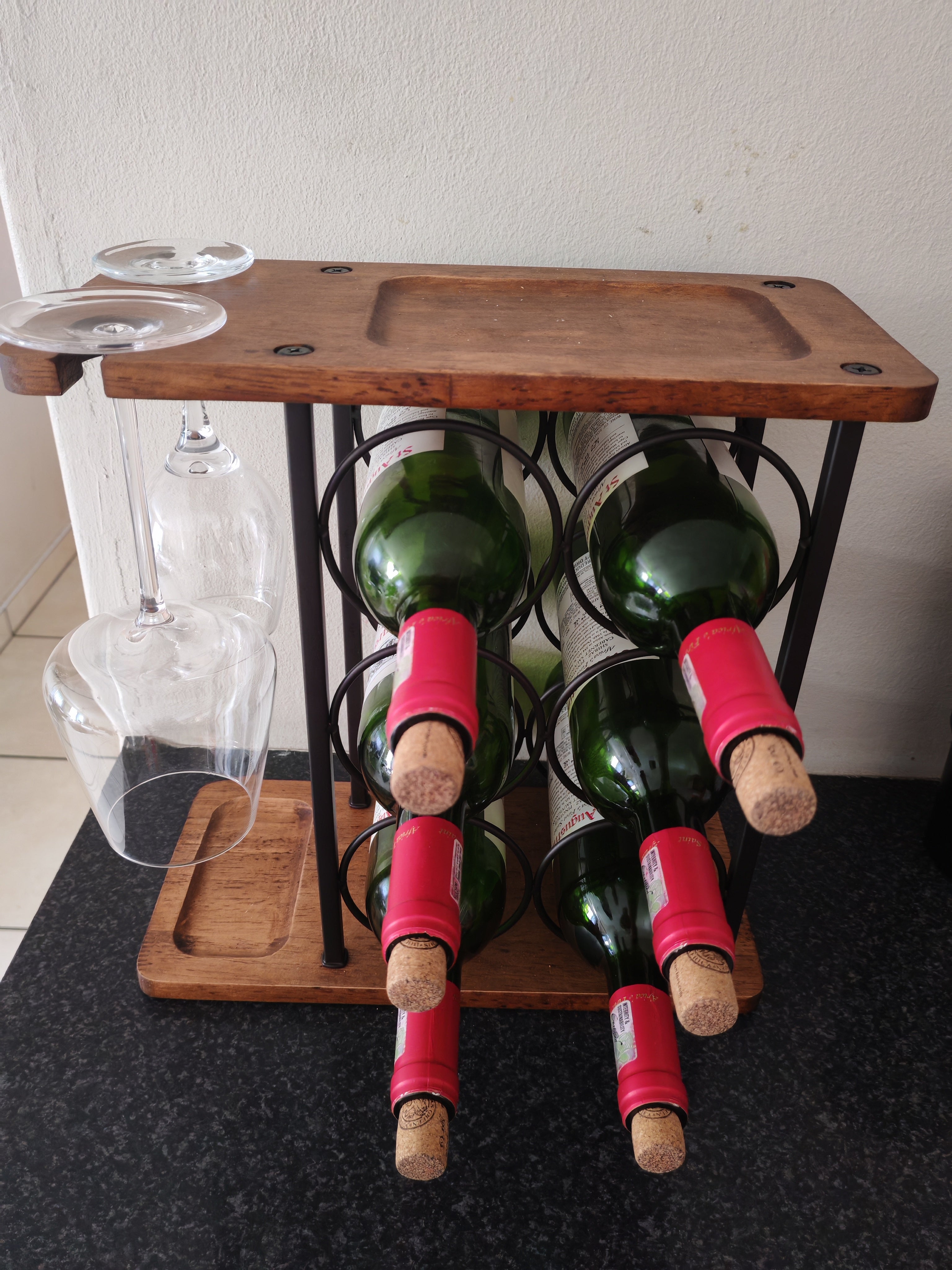 6-Bottle Wooden & Metal Wine Rack with Glass Holder – 35cm x 34cm x 16cm Countertop Storage Stand