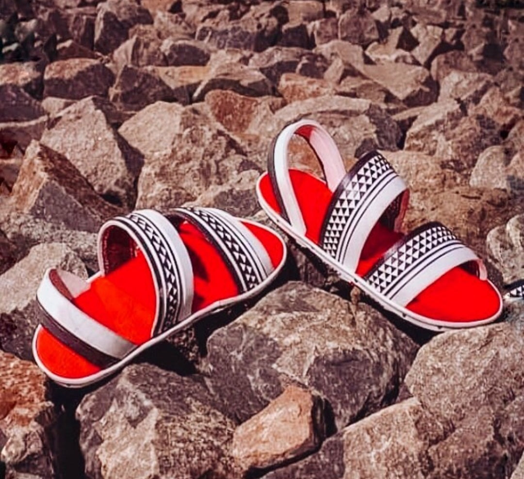 Red and White Tire Sole Izimbadada - Traditional Zulu Sandals