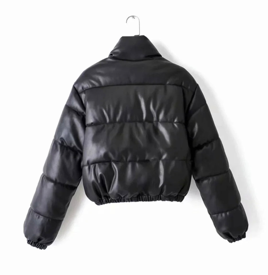 Women's Faux Leather Puffer Jacket with High Collar | Long Sleeve Quilted Coat with Front Zip