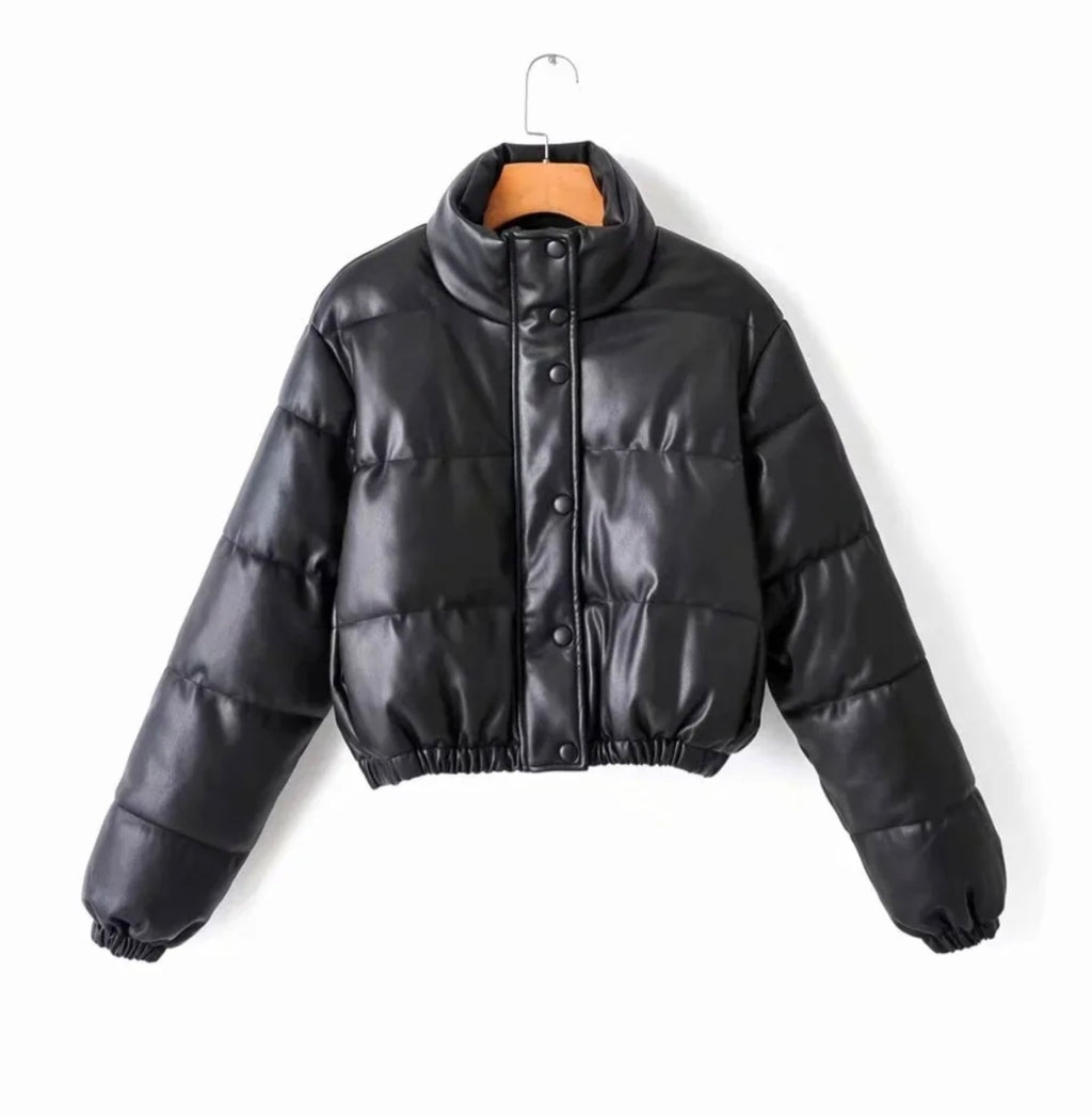Women's Faux Leather Puffer Jacket with High Collar | Long Sleeve Quilted Coat with Front Zip