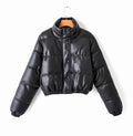 Women's Faux Leather Puffer Jacket with High Collar | Long Sleeve Quilted Coat with Front Zip