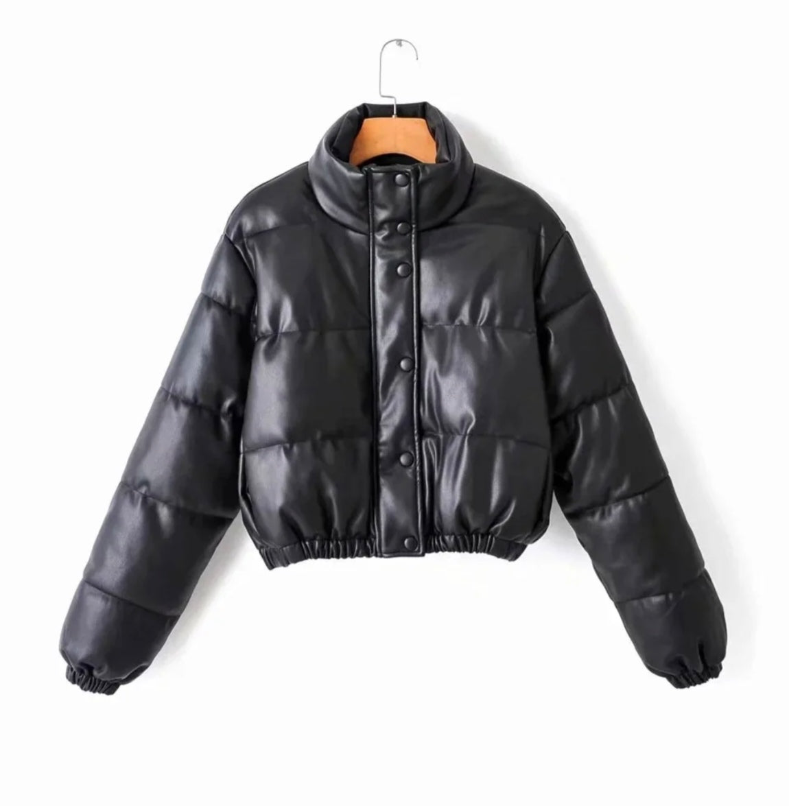 Women's Faux Leather Puffer Jacket with High Collar | Long Sleeve Quilted Coat with Front Zip