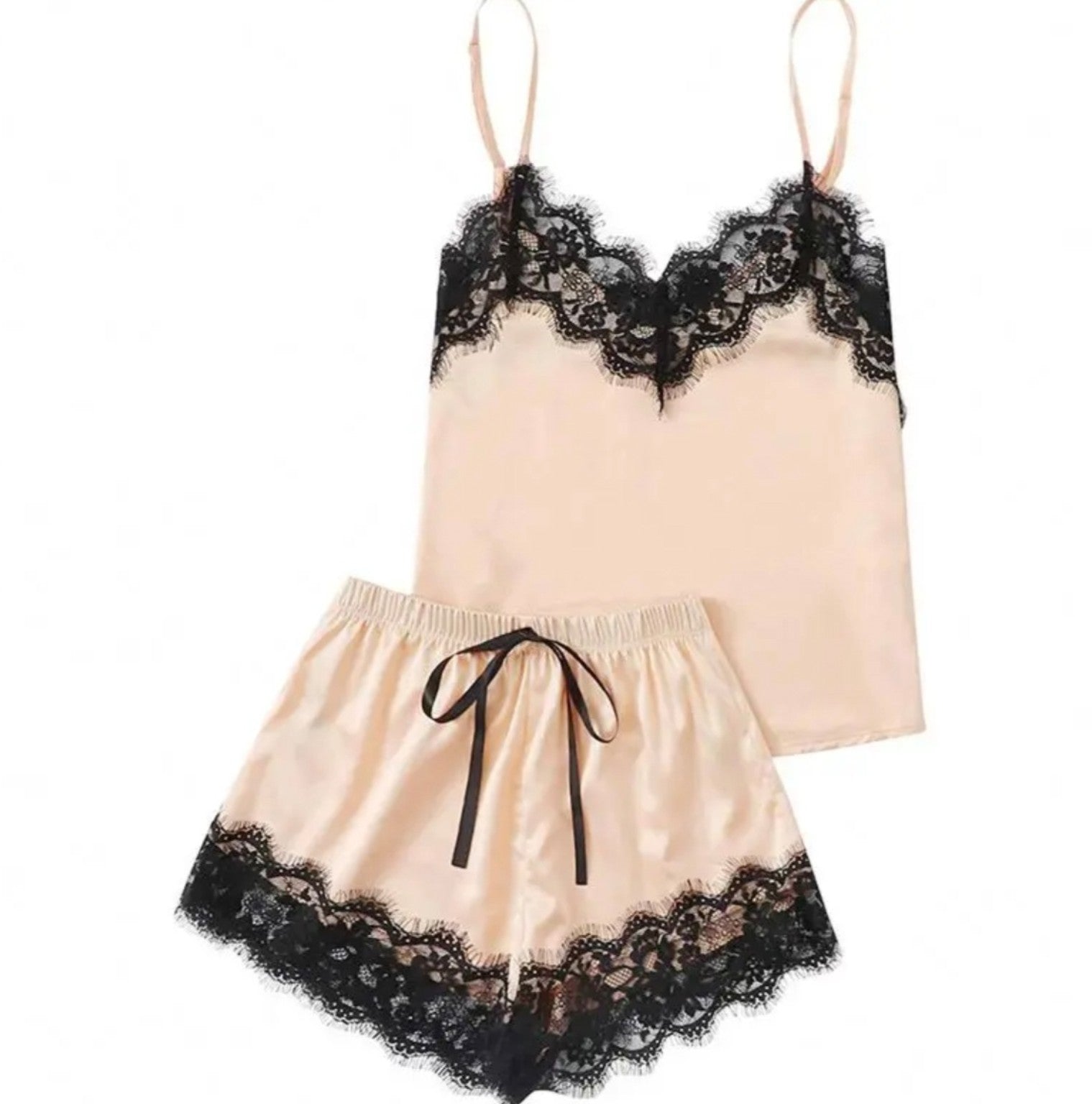 Women’s Satin Lace Camisole & Shorts Pajama Set – Adjustable Straps, Soft Sleepwear – Multiple Colors